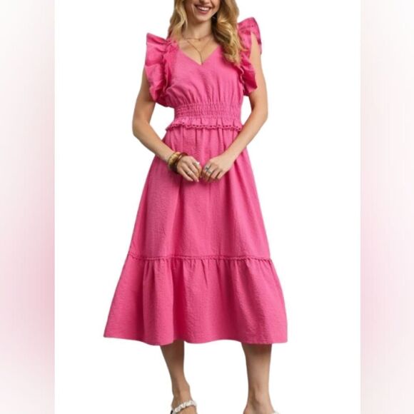 Umgee V-Neck Ruffled Cap Sleeve Pink Ruffle Midi Dress sz Small